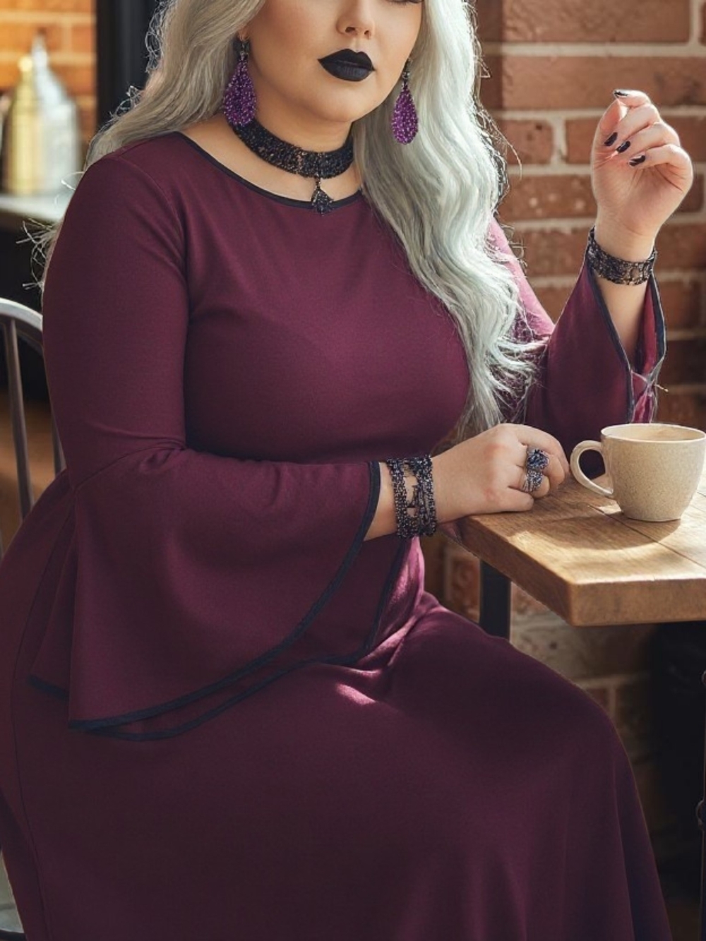 Whimsigoth Vampire Plum Bell Flutter Sleeve Maxi Dress